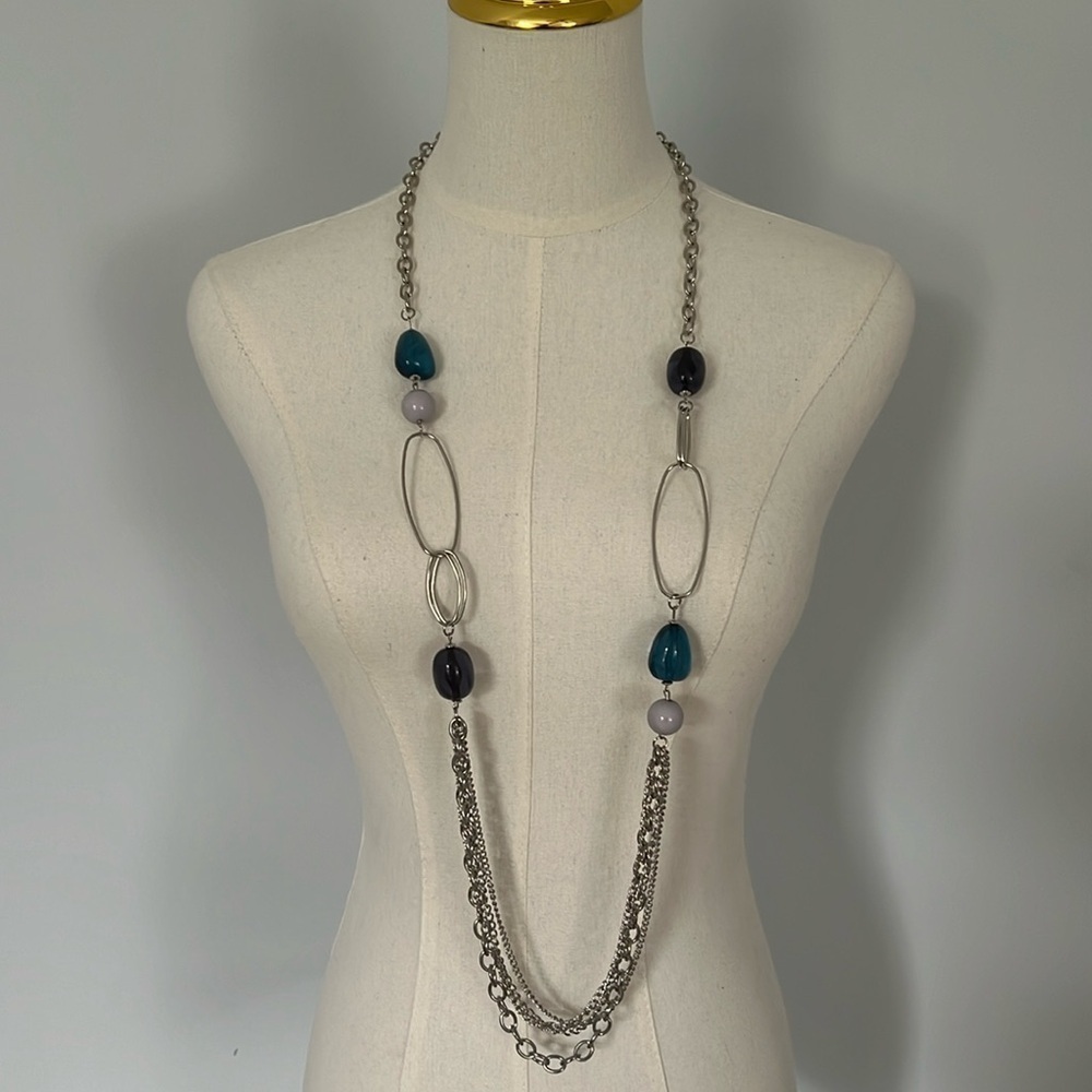 43 1/2” silver with blue beads necklace